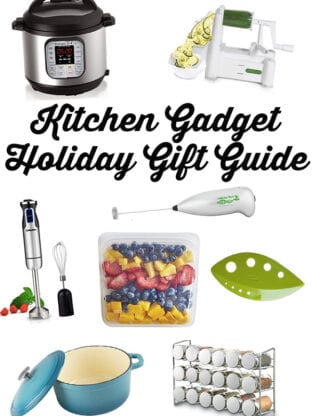 Kitchen gadget holiday gift guides with photos of suggested gifts including an Instantpot, stasher bag, and hand frother.