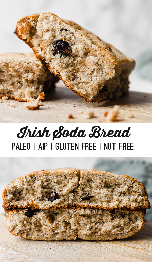 A wooden cutting board with two pieces of Irish soda bread on it with text reading \"Irish soda bread paleo aip gluten free nut free\"