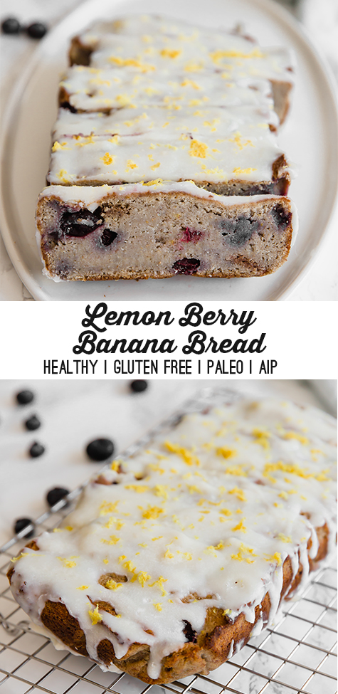 A wire rack topped with a loaf of lemon blueberry banana bread with text reading \"lemon berry banana bread healthy gluten free paleo aip\"