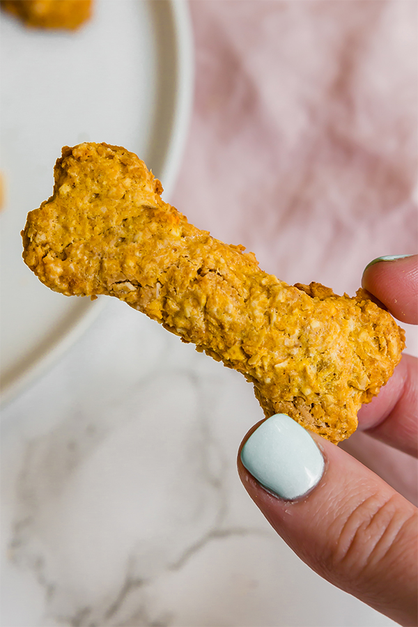 A hand holding a peanut butter dog treat in it.