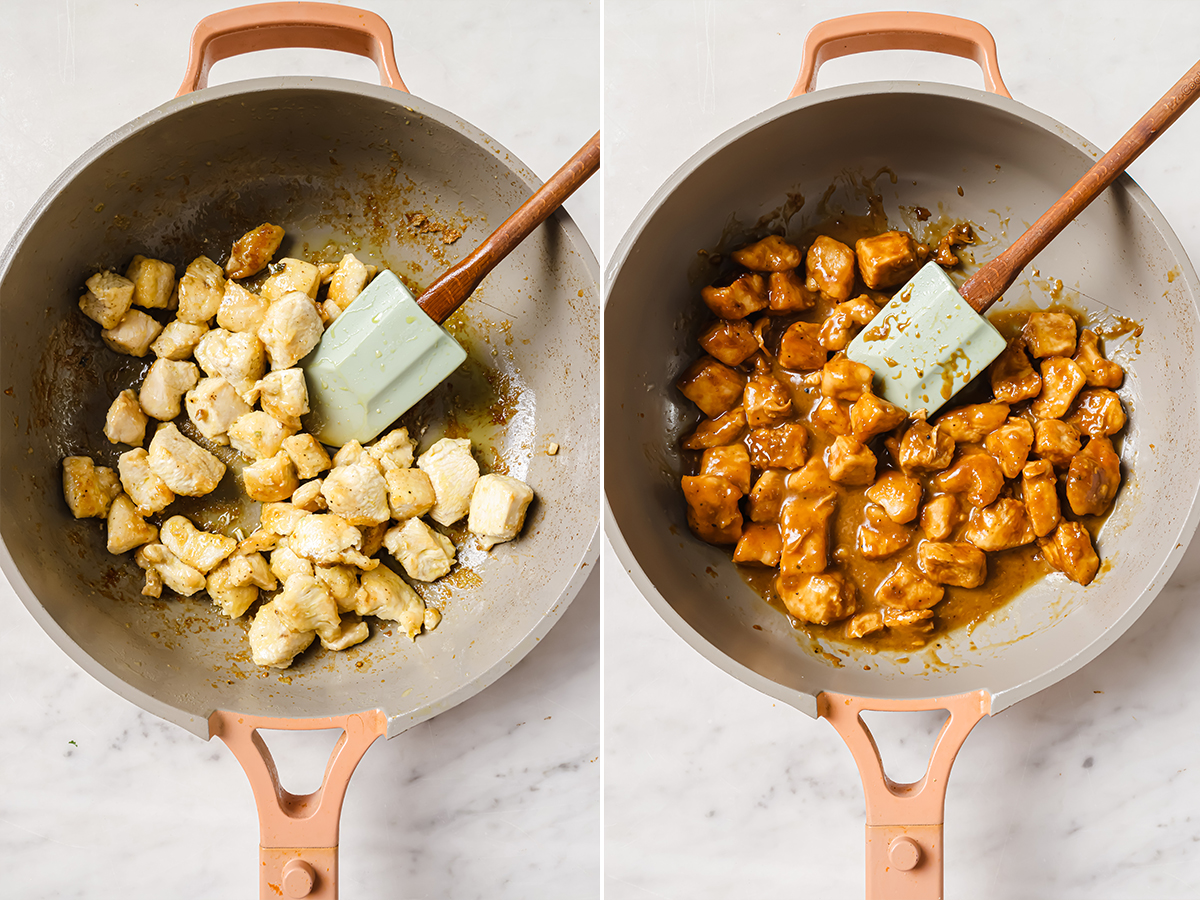 Chicken cooking in a skillet.