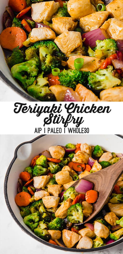 A white cooking dish filled with teriyaki chicken stir fry after cooking with a wooden spoon in it with text reading \"teriyaki chicken stir fry aip paleo whole30\"