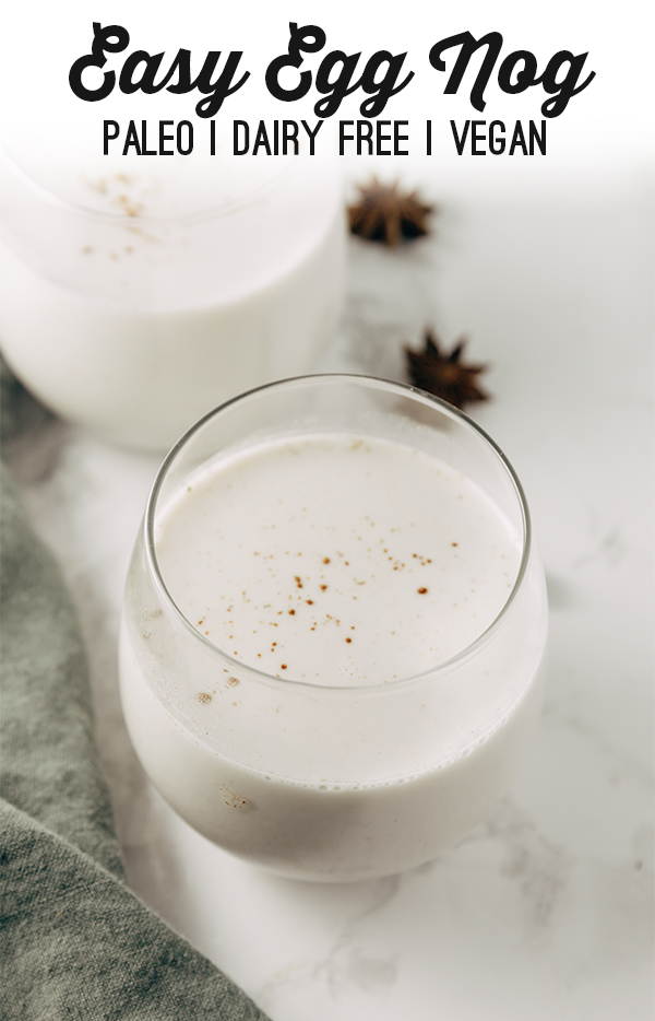 A glass filled with alcoholic paleo eggnog.