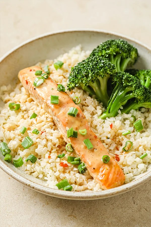 Bang bang salmon over cauliflower rice.