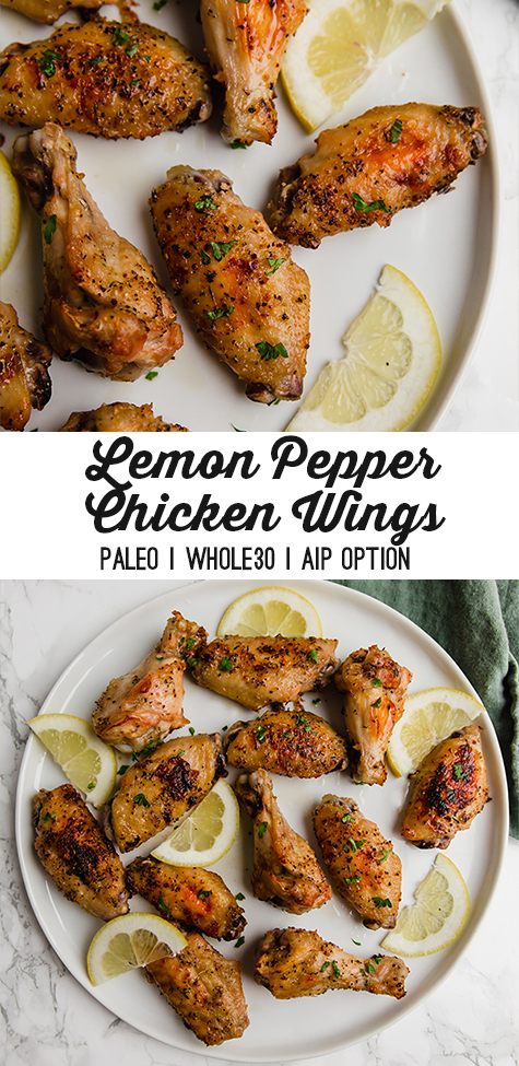 A white plate filled with lemon pepper chicken wings and slices of lemon with text reading \"lemon pepper chicken wings paleo whole30 aip option\"
