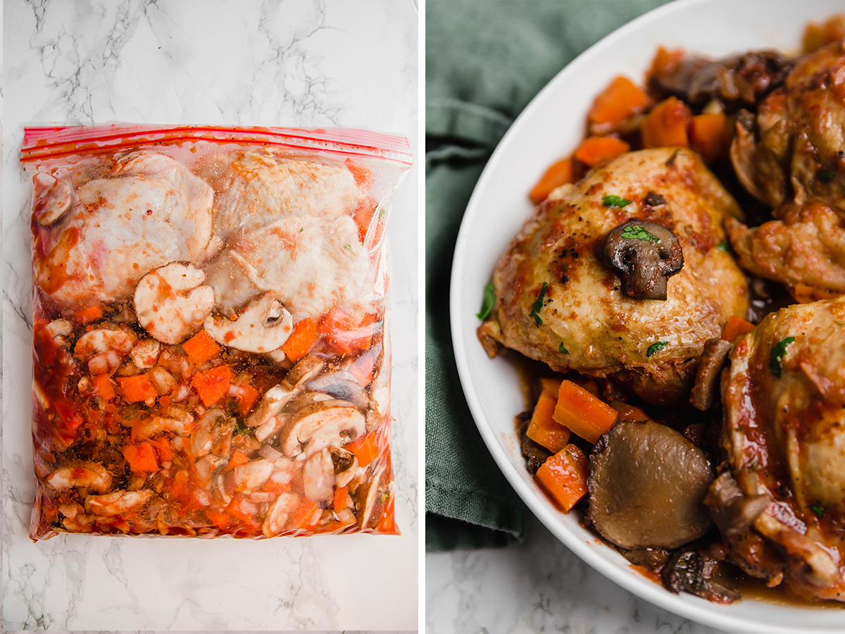 Side by side image of a freezer chicken cacciatore in a freezer bag, and fully prepped.