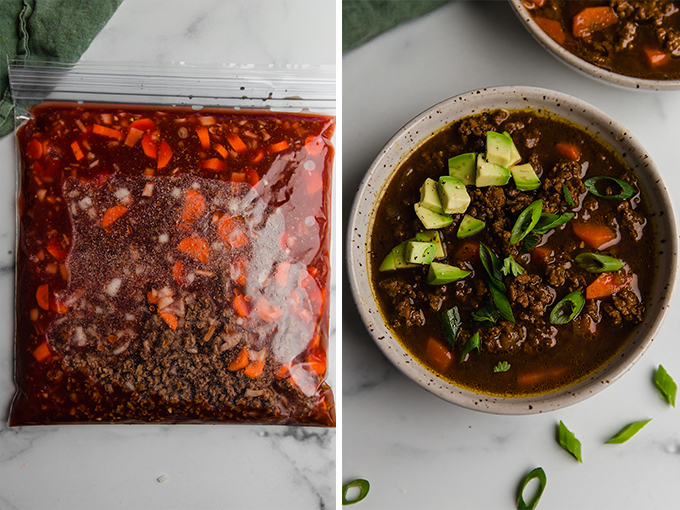 Side by side image of freezer chili in a bag and fully cooked.