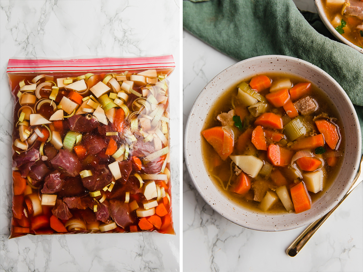 Side by side image of beef stew in a freezer bag and cooked.