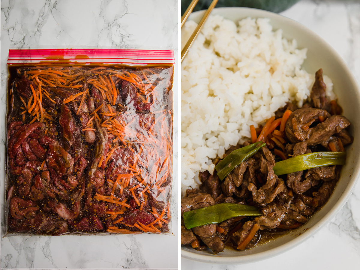 Side by side image of mongolian beef in a freezer bag and cooked.