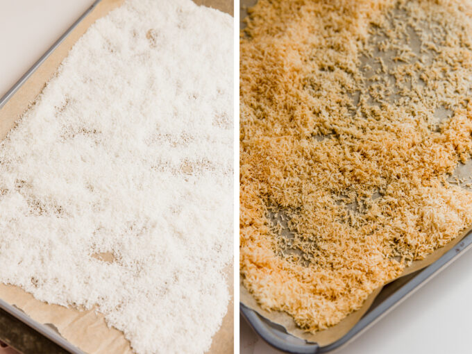 Side by side image of shredded coconut untoasted, and toasted in a baking sheet.
