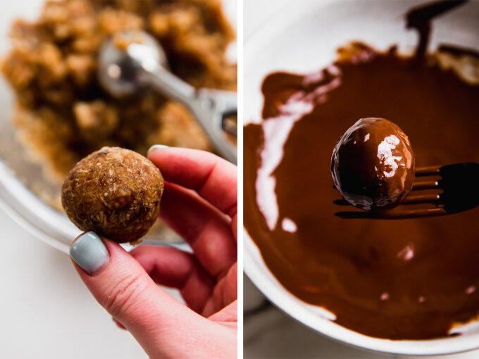 Side by side photo of samoa truffle in a ball, uncoated in chocolate and then coated in chocolate.