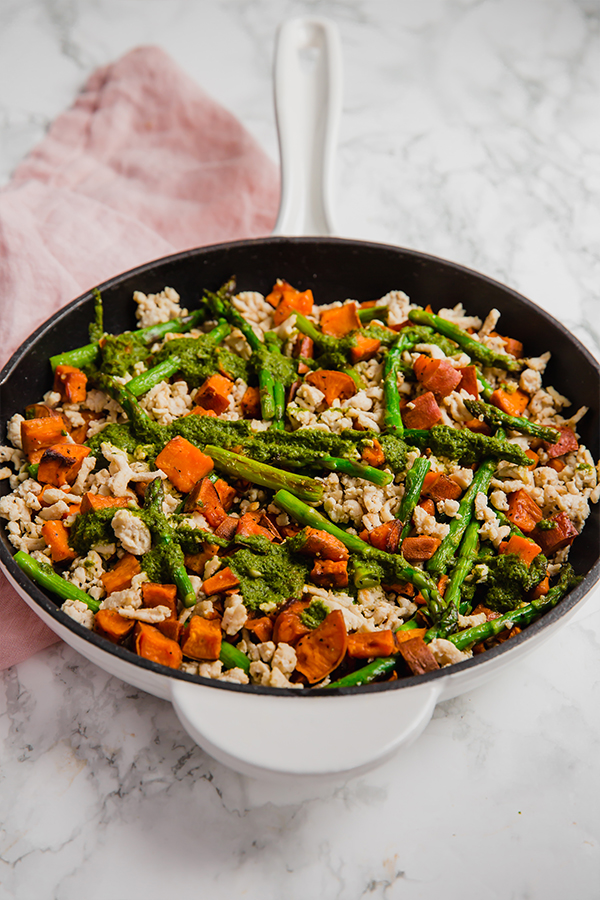 asparagus, turkey & sweet potato skillet