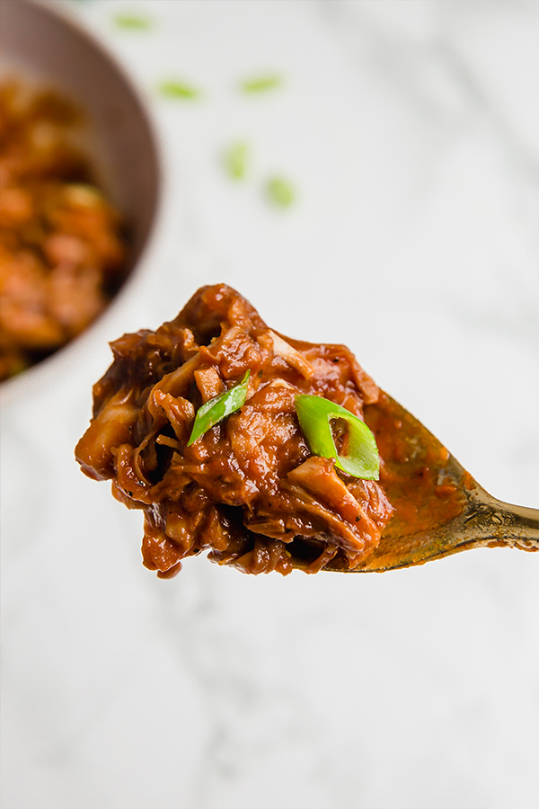 A serving spoon with a spoonful of BBQ jackfruit with green onions.