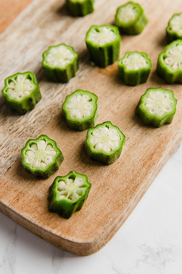 okra slices on cutting board