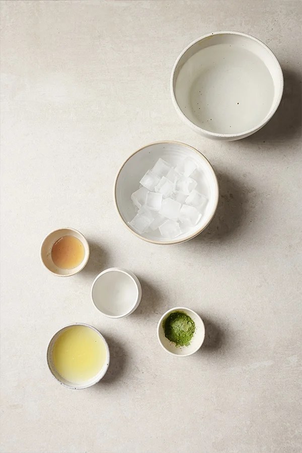 Ingredients including honey, lemon juice, and matcha green tea powder.