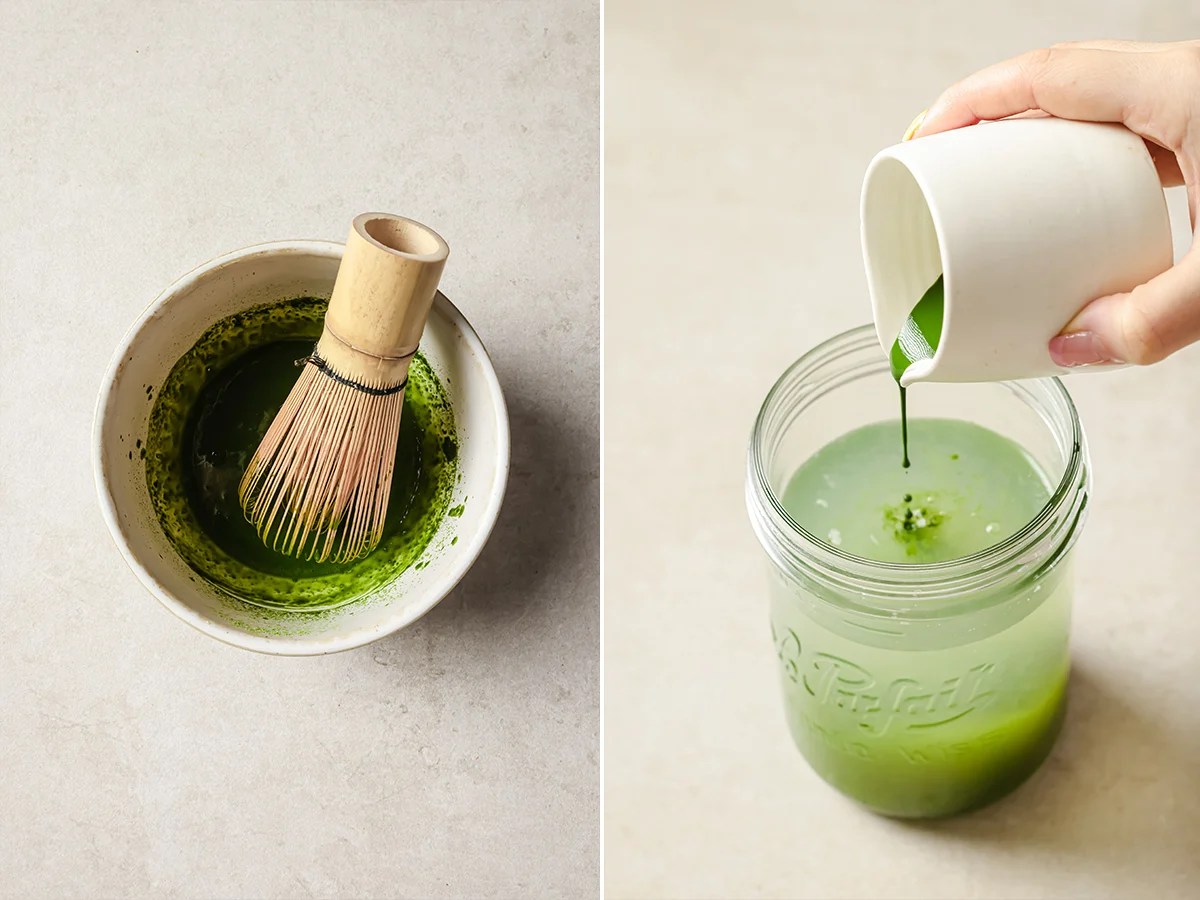Green mixture in a bowl with a whisk and then poured into a jar.