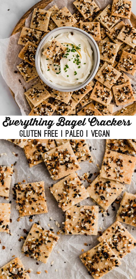 A platter filled with everything bagel crackers with a bowl of dip in the middle with text reading \"everything bagel crackers gluten free paleo vegan\"