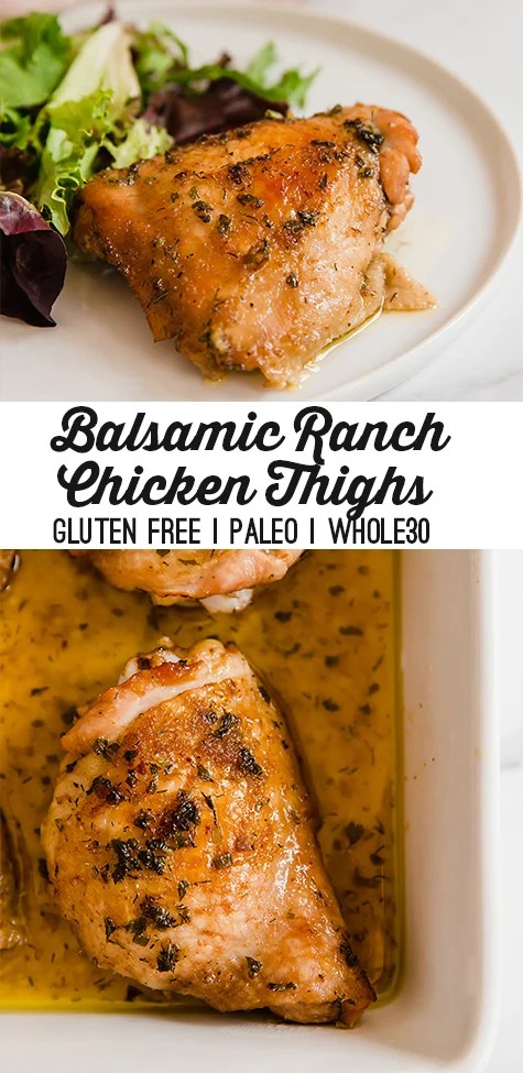 A white baking sheet with balsamic ranch chicken thighs after baking with text reading \"balsamic ranch chicken thighs gluten free paleo whole30\"