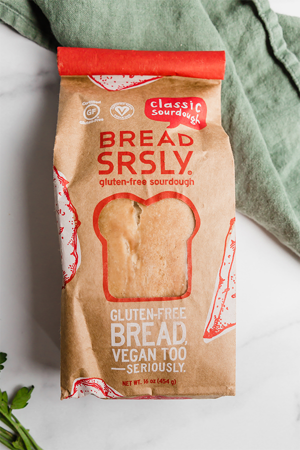 A loaf of Bread Srsly gluten-free sourdough in the package.