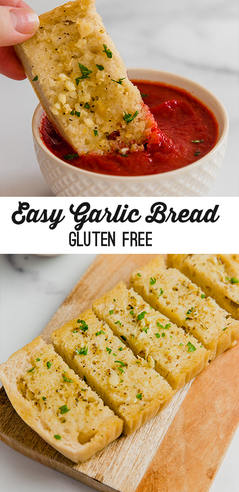 A loaf of gluten-free sourdough topped with garlic to make garlic bread cut into slices and on a wooden cutting board with text reading \"easy garlic bread gluten-free\"