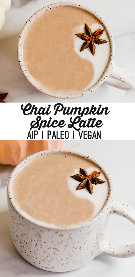 A ceramic mug filled with chai pumpkin spice latte with text reading \"chai pumpkin spice latte aip paleo vegan\"