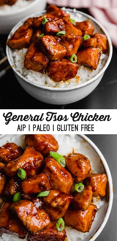A white bowl filled with cauliflower rice topped with paleo general tso\'s chicken with text reading \"general tso\'s chicken aip paleo gluten free\"