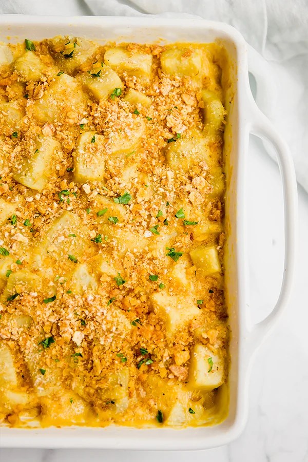 sweet potato casserole in a casserole dish
