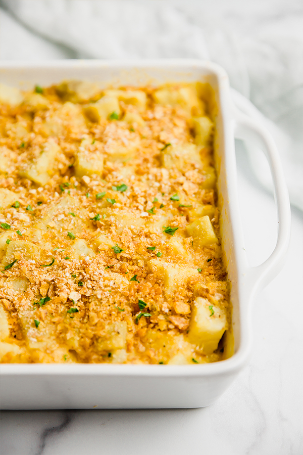 cheesy sweet potato casserole in baking dish