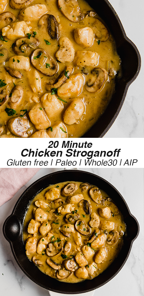 Two stacked photos of Chicken strogranoff with mushrooms and sauce in a black pan.