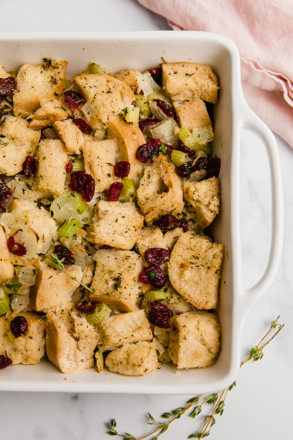 A baking dish filled with gluten free stuffing after baking.