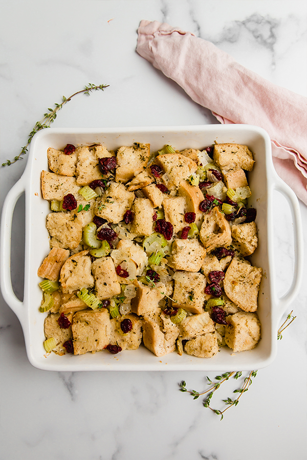 gluten free stuffing in a casserole dish