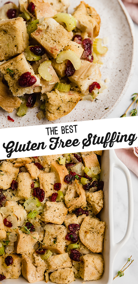 A white baking pan with gluten free stuffing after baking with texts reading \"the best gluten free stuffing\"