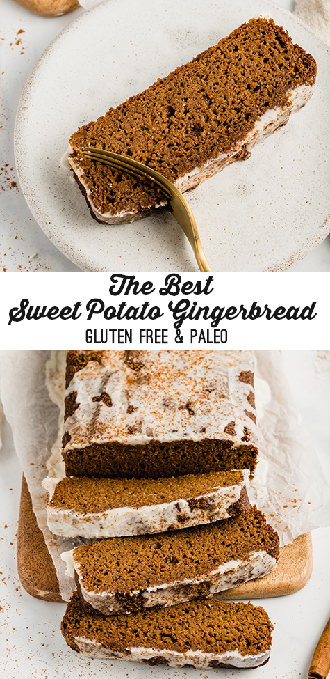 Stacked photos of A slice of sweet potato gingerbread on a plate with a fork cutting out a piece, and a loaf of gingerbread.