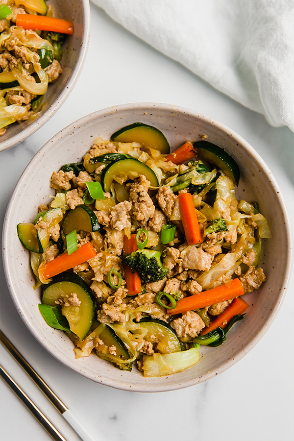 ground turkey and vegetable teriyaki stir fry on plate
