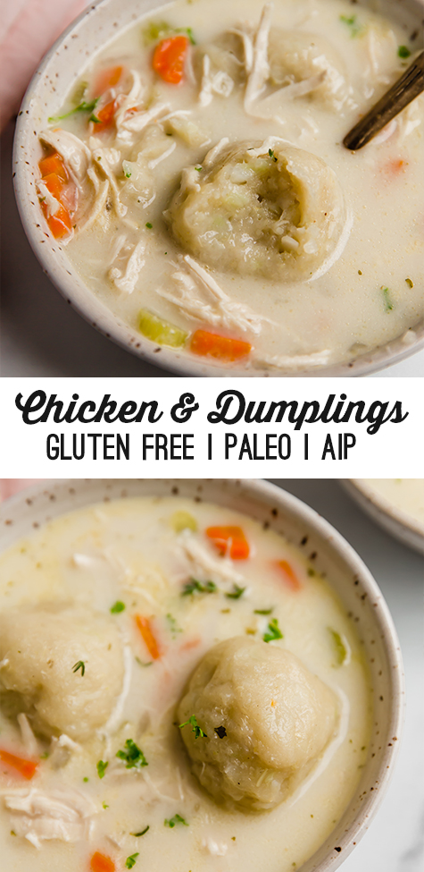 Stacked photos of gluten free chicken and dumplings in a bowl topped with parsley, with a dumpling with a bite and without.