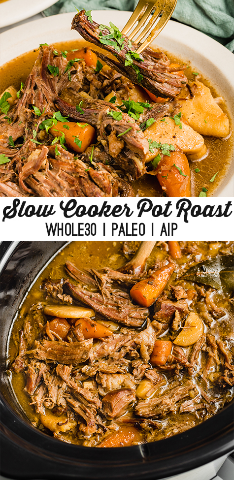 Stacked photo of Slow cooker pot roast shredded in a slow cooker with veggies and extra broth, and on a plate.