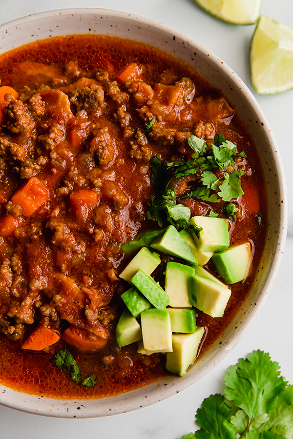 bacon & beef chili with avocado and cilantro