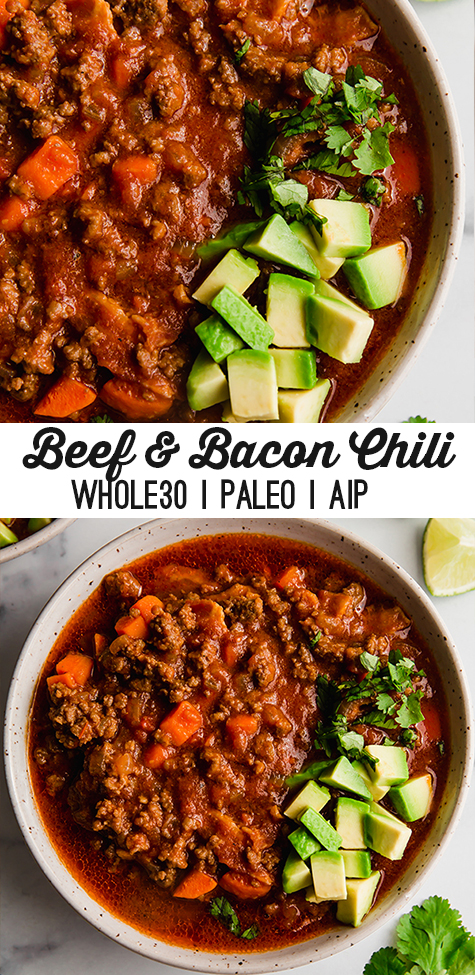Stacked photos of bacon chili in a bowl topped with avocado and cilantro.