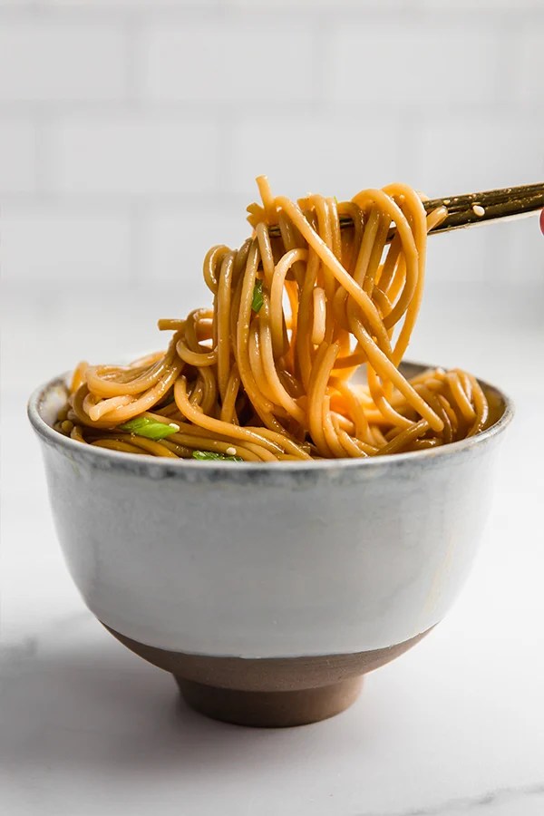 hibachi noodles in bowl with chopsticks