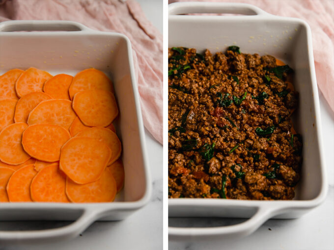 slices of sweet potato in casserole dish; ground beef mixture in casserole dish