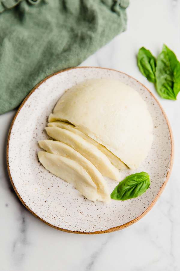 AIP Mozzarella cheese block on plate, half sliced
