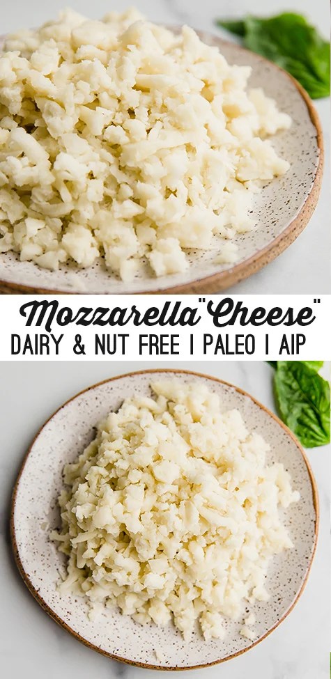 Stacked photo of Shredded dairy free cheese on a plate with basil in the background.