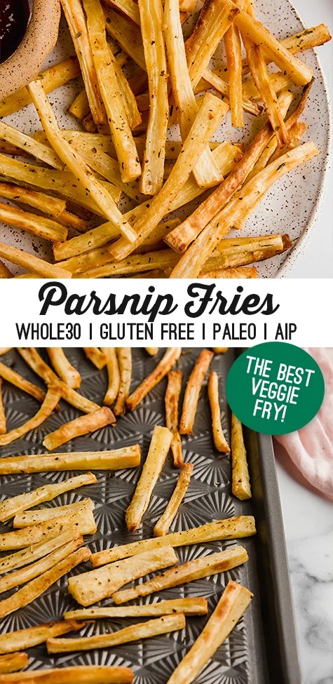 Stacked collage of Parsnip fired on a plate with a dip on the side and fries on a sheet pan.