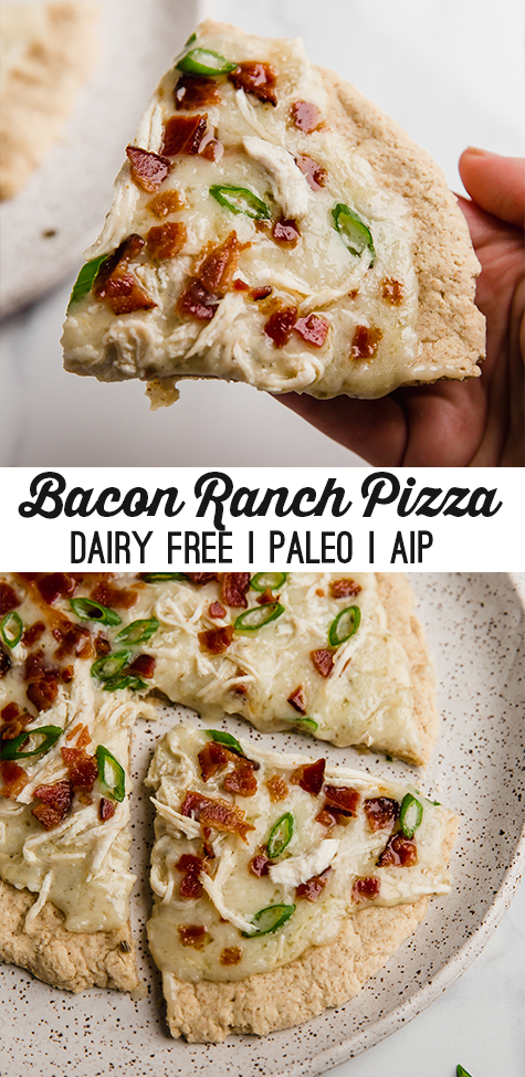 Stacked photo of Bacon ranch chicken pizza topped with bacon and green onion