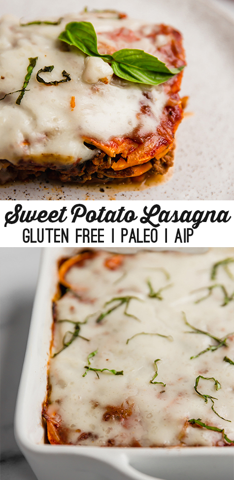 Stacked photo of Sweet potato lasagna on a plate topped with basil and in a baking pan