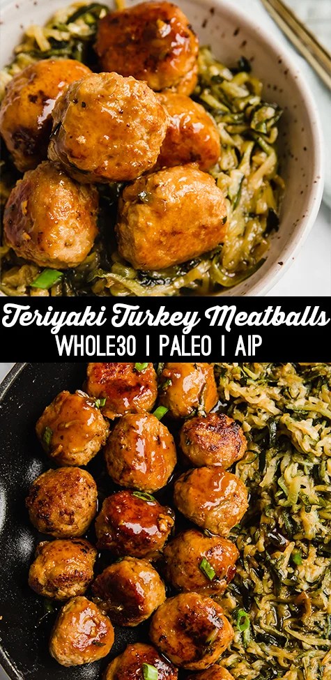 Stacked photo of Turkey teriyaki meatballs in a bowl with zucchini noodles and in a pan.