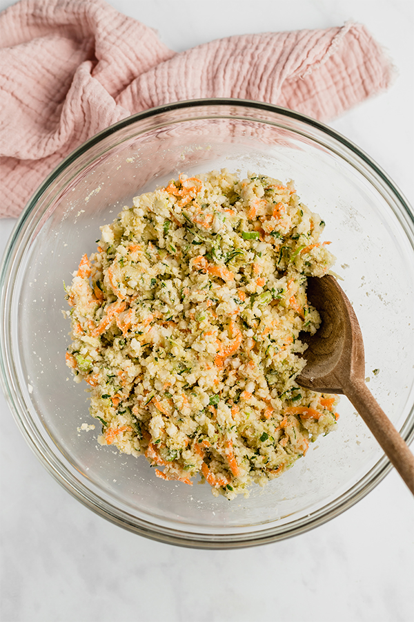 veggie nugget ingredients in bowl with wooden spoon