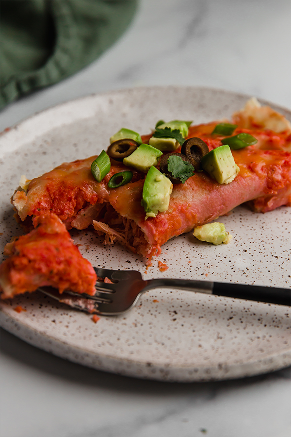 chicken enchilada on plate with fork