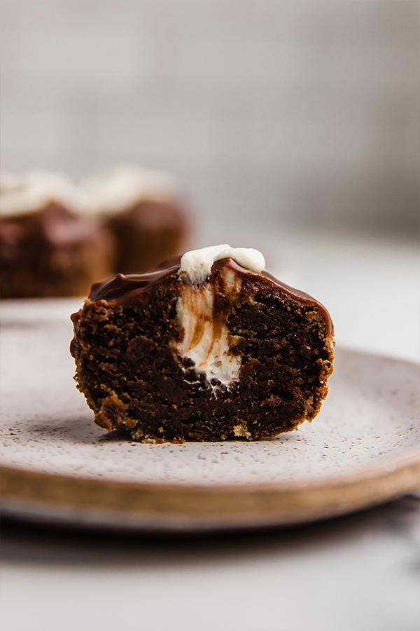 ding dong cupcake in half on plate