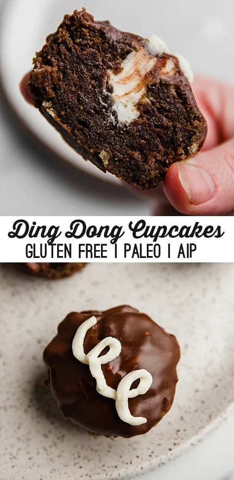 Collage with text \"Ding Dong Cupcakes Gluten Free | Paleo | AIP.\"